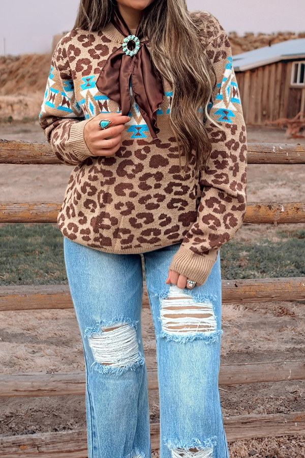 Western Aztec Leopard Print Sweater