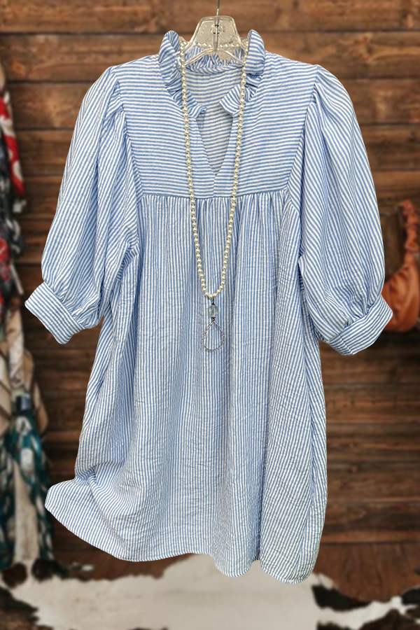 Striped V-Neck Puff-Sleeved Mini Dress