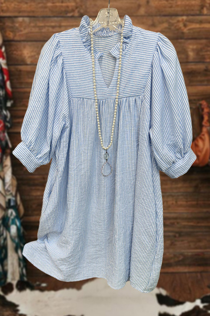 Striped V-Neck Puff-Sleeved Mini Dress