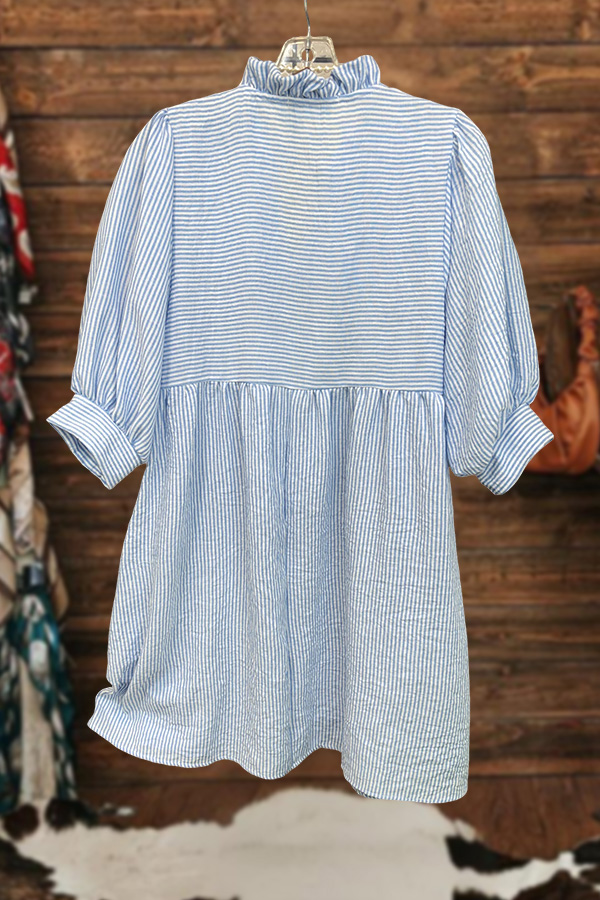 Striped V-Neck Puff-Sleeved Mini Dress