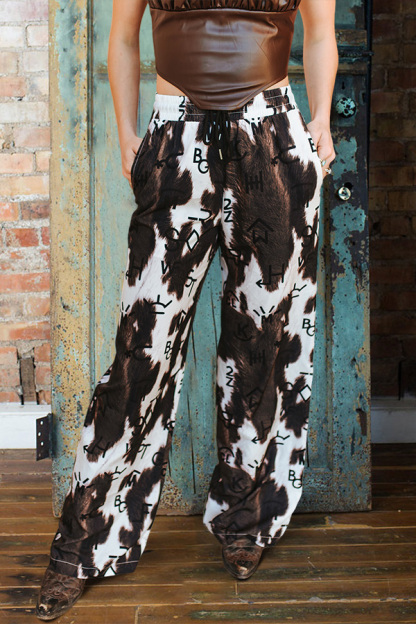 Western Cow Print Lettered Wide-Leg Pants