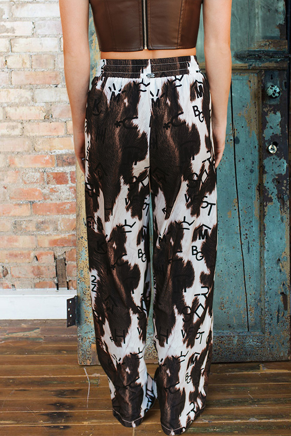 Western Cow Print Lettered Wide-Leg Pants