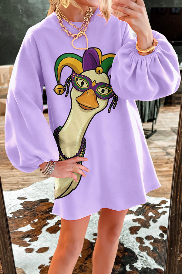 Mardi Gras Goose Print Puff Sleeves Dress