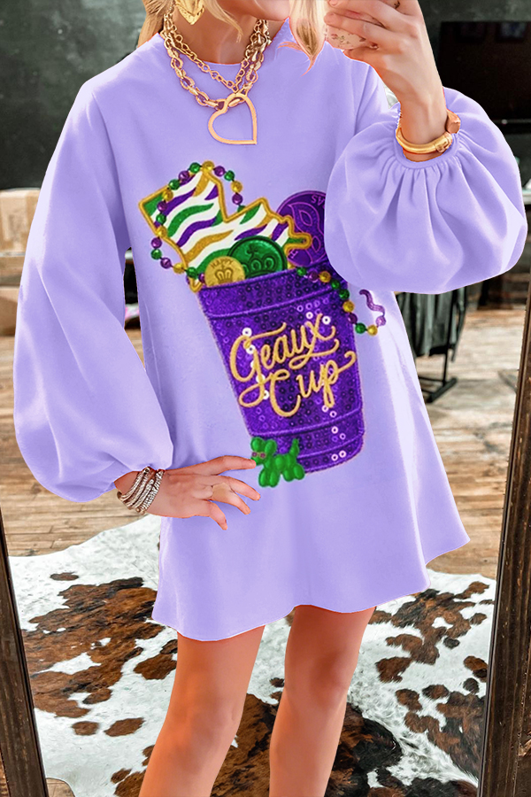 Mardi Gras Geaux Cup Puff-Sleeved Dress