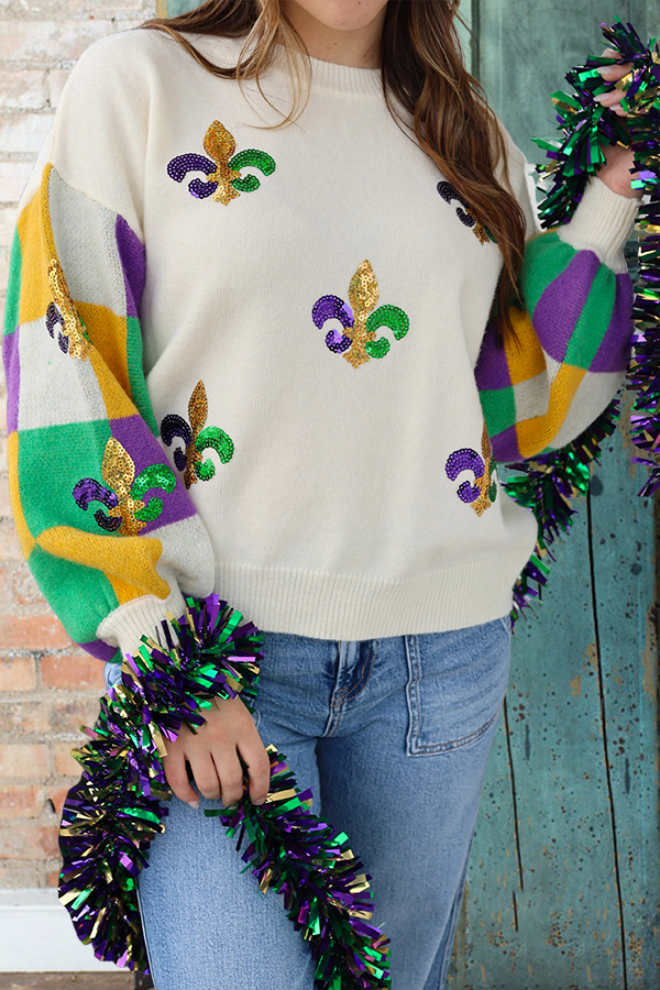 Women's sweater | Mardi Gras Iris Checkered Sweater |westernfeelings