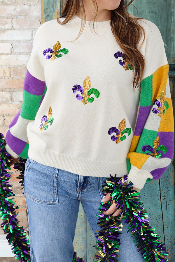 Mardi Gras Iris Checkered Sweater