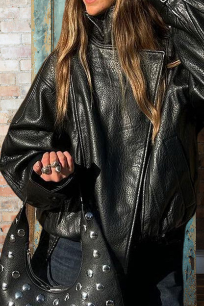 Faux Leather Stand Collar Oversized Moto Jacket