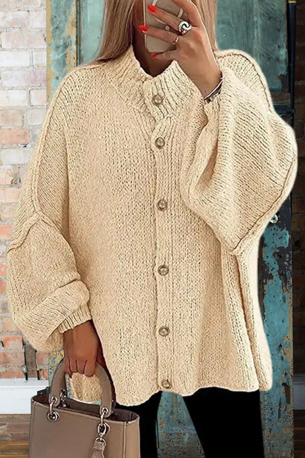 Lantern Sleeve Solid Color Knitted Cardigan