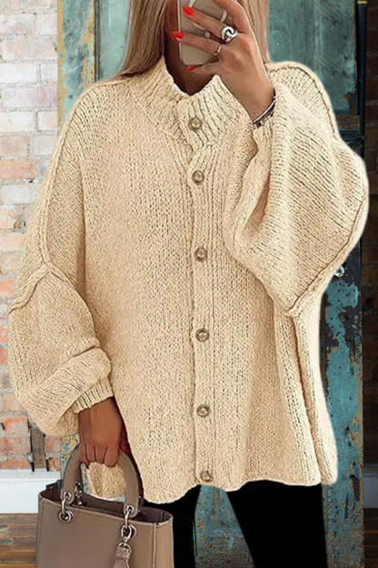 Lantern Sleeve Solid Color Knitted Cardigan