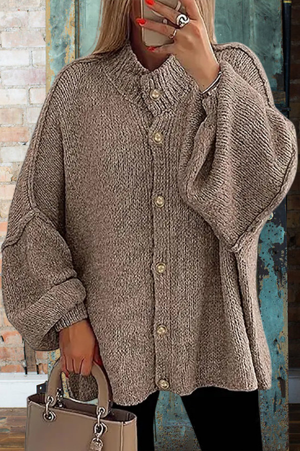 Lantern Sleeve Solid Color Knitted Cardigan