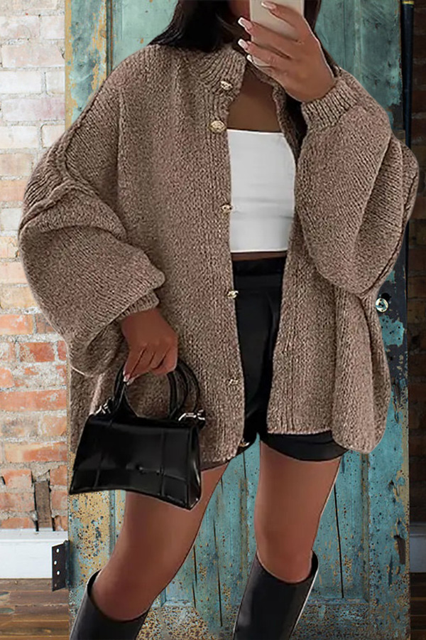 Lantern Sleeve Solid Color Knitted Cardigan