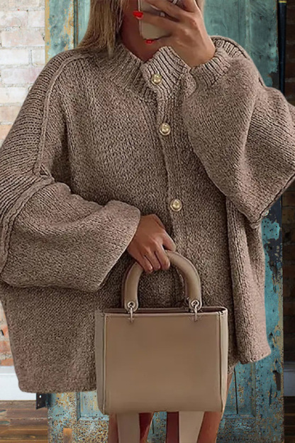 Lantern Sleeve Solid Color Knitted Cardigan