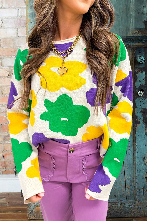 Women's sweater | Mardi Gras Color Blocked Floral Sweater |westernfeelings