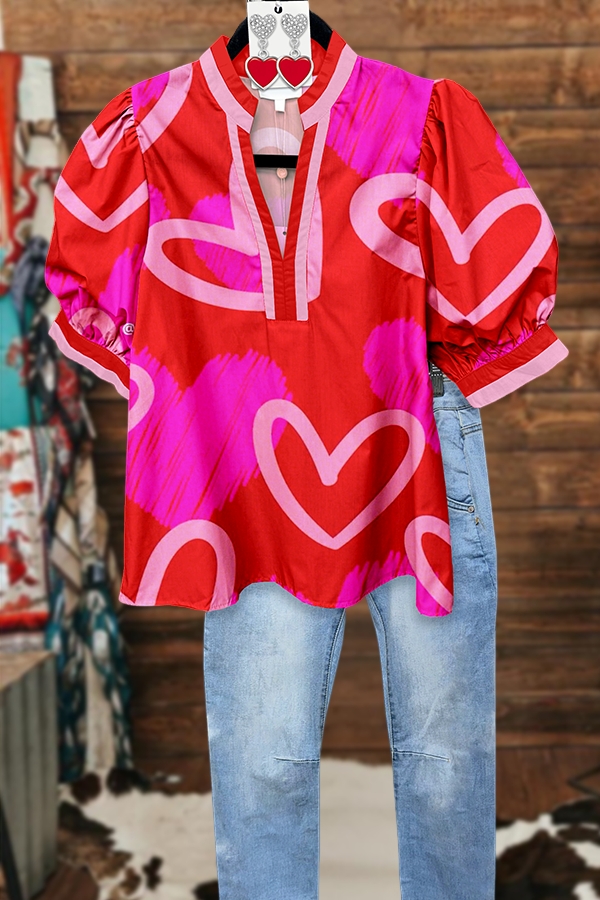 Valentine's Day Sweet Passionate Heart Puff Sleeve Blouse