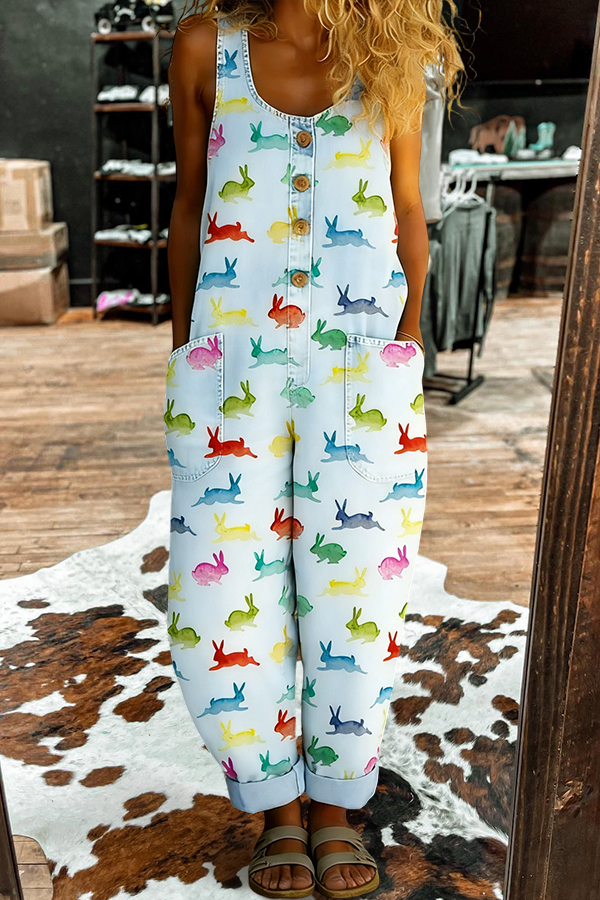 Easter Bunny Sleeveless Washed Cotton Denim Jumpsuit
