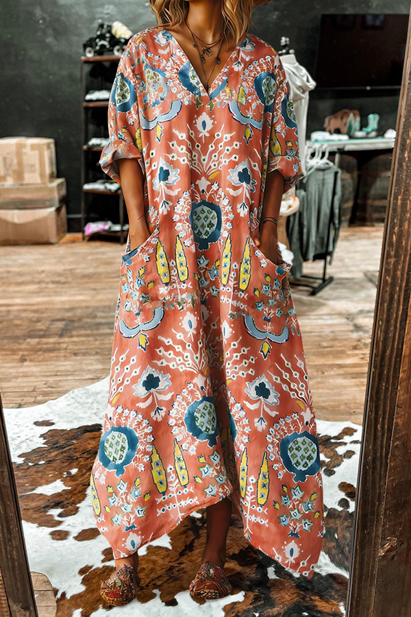 Cotton And Linen Vintage Suzani V-Neck Pocket Maxi Dress