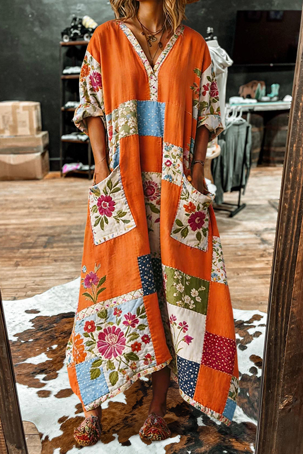Cotton Linen Vintage Patchwork V-Neck Pocket Maxi Dress