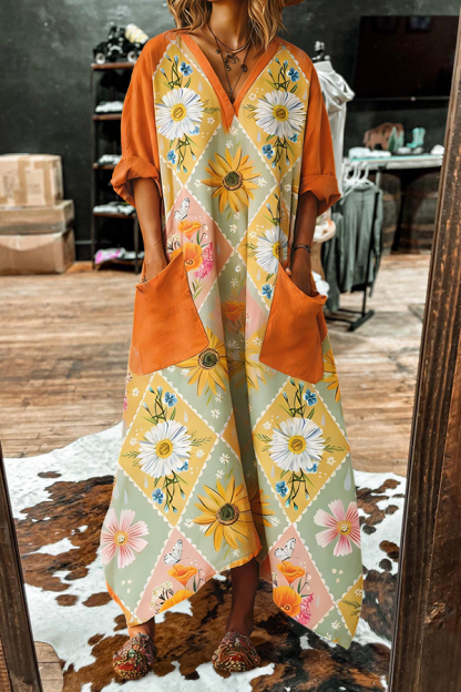 Cotton Linen Vintage Daisy Print V-Neck Pocket Maxi Dress