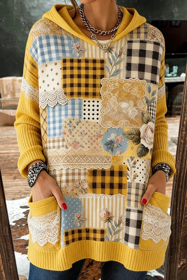 Floral Checkered Patchwork Hooded Sweater