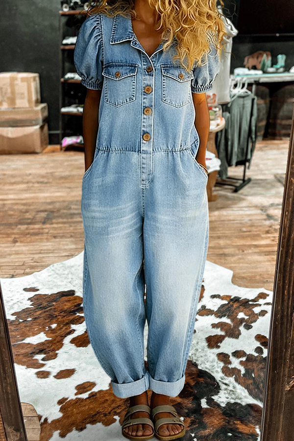 Puff Sleeved Button Up Denim Jumpsuit