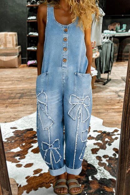 Distressed Bow Sleeveless Jumpsuit