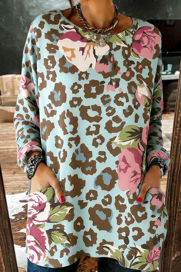 Leopard Print Floral Pocket Cotton T-Shirt