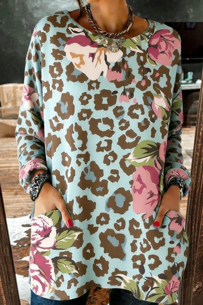 Leopard Print Floral Pocket Cotton T-Shirt