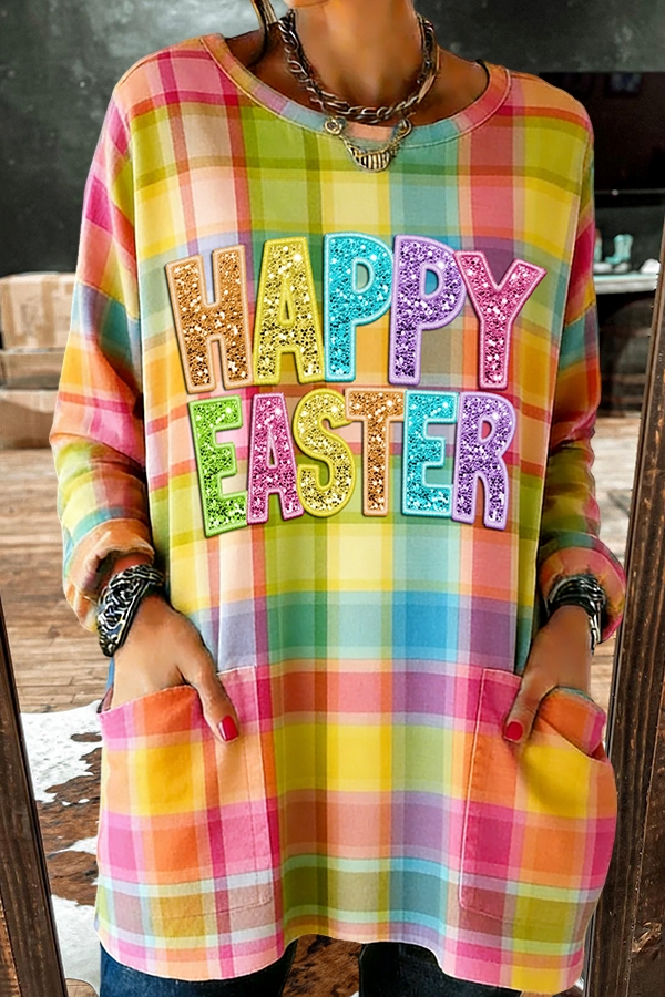 Happy Easter Plaid Pocket Cotton T-Shirt