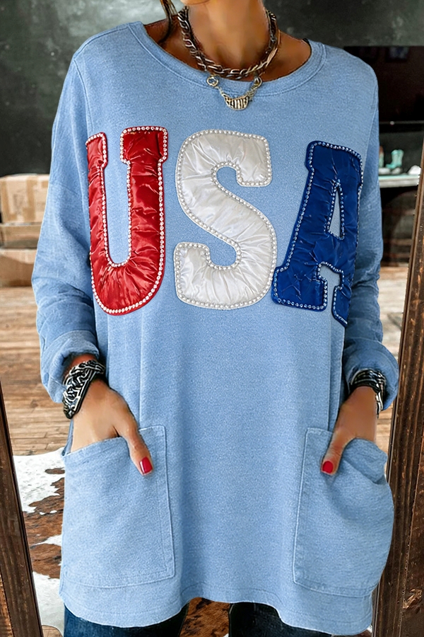 Usa Red White Blue Pocket Cotton T-Shirt