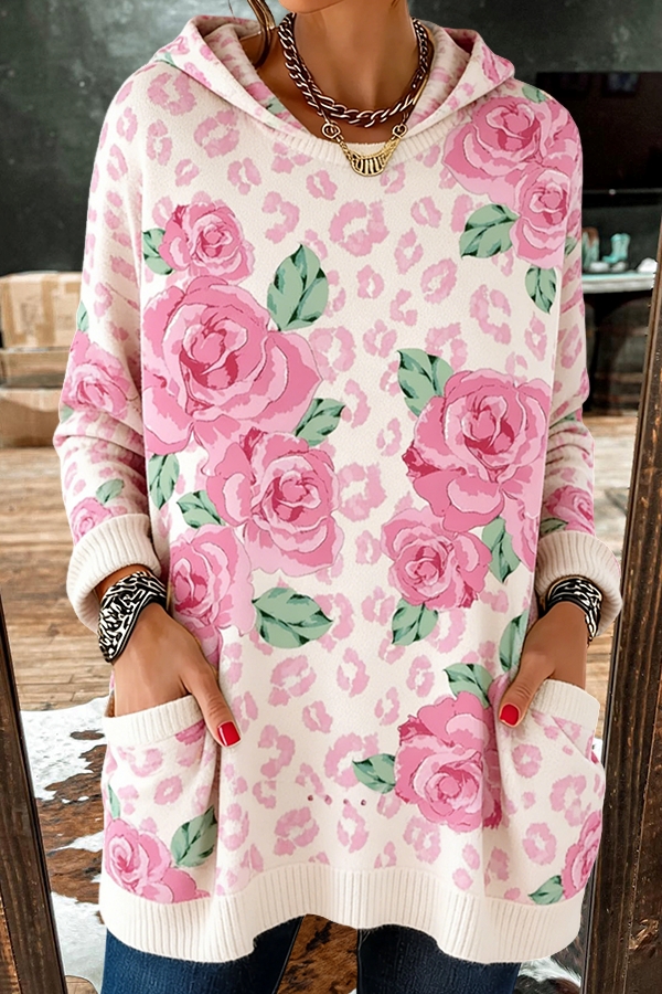 Pink Leopard Print Floral Hooded Sweater