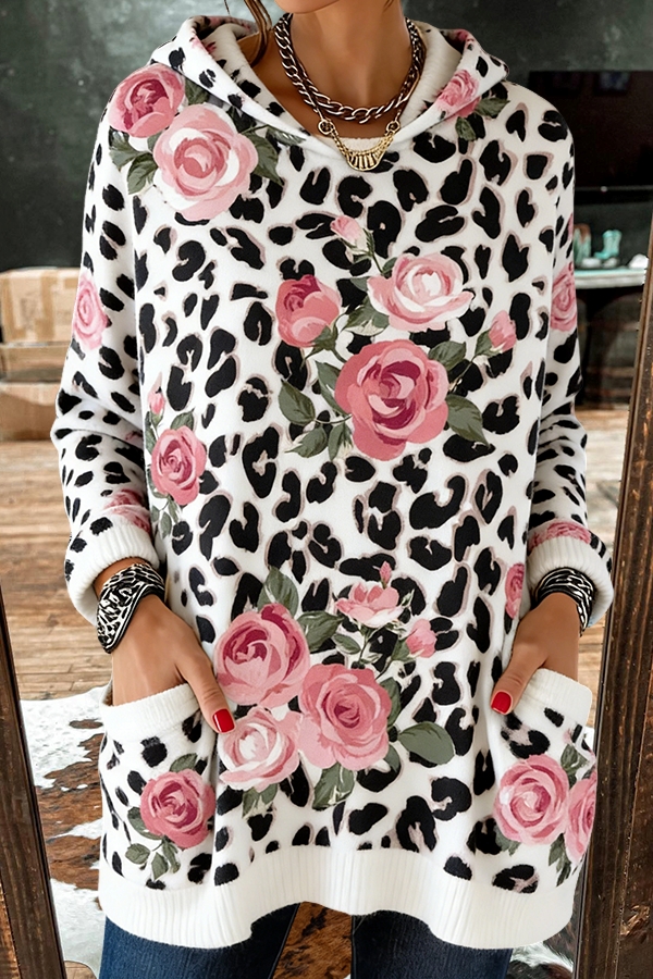 Leopard Print Rose Hooded Sweater