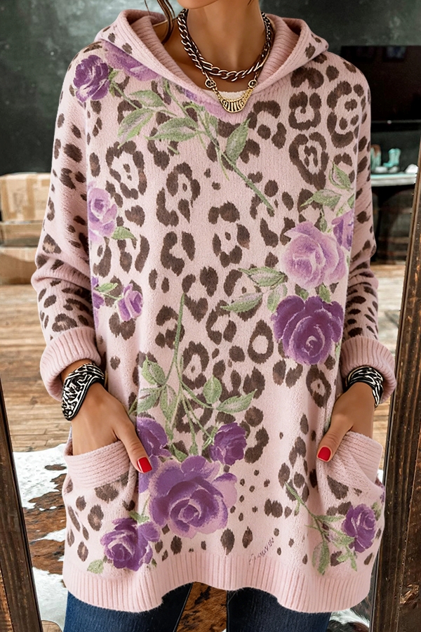 Elegant Leopard Print Floral Hooded Sweater