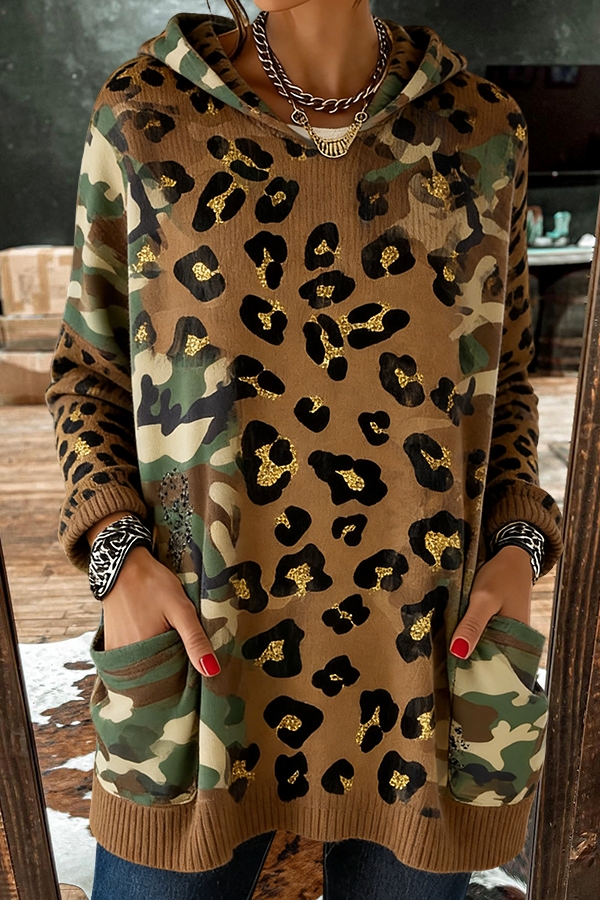 Retro Leopard Print Camouflage Hooded Sweater