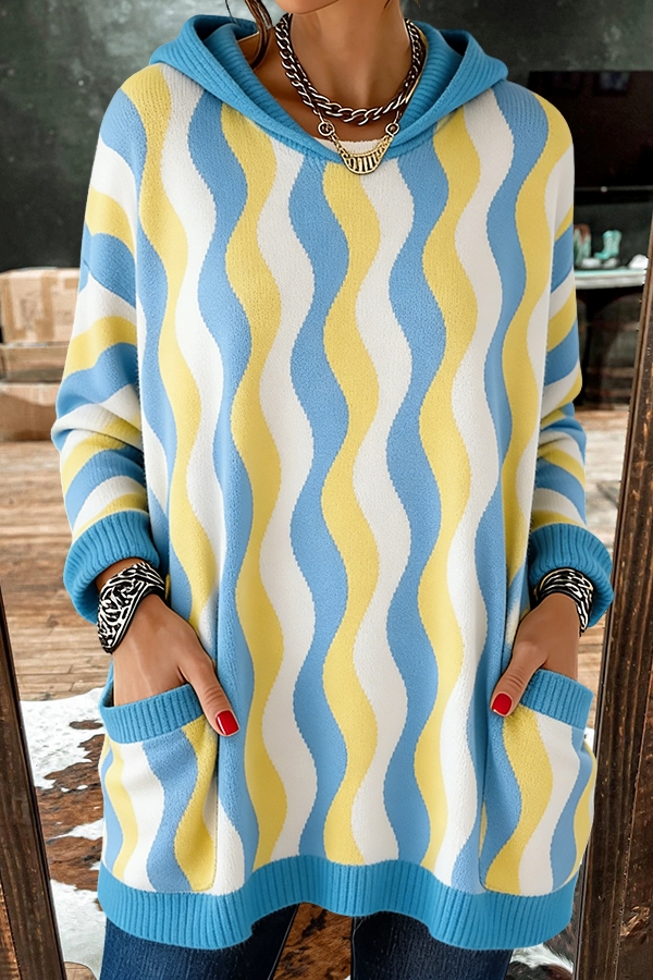 Spring Color-Blocked Wave Pattern Hooded Sweater