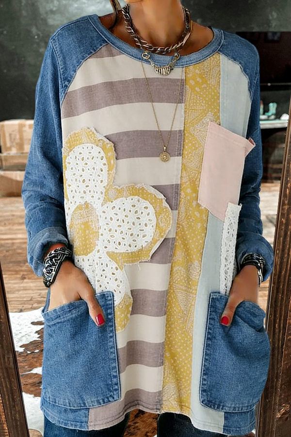 Floral Stripe Pocket Cotton T-Shirt