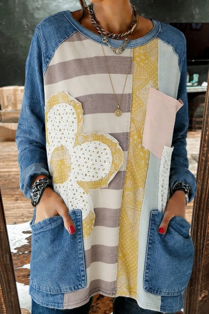 Floral Stripe Pocket Cotton T-Shirt