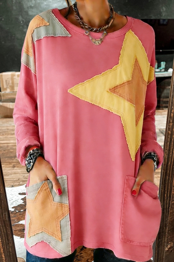 Multicolor Star Print Pocket Cotton T-Shirt