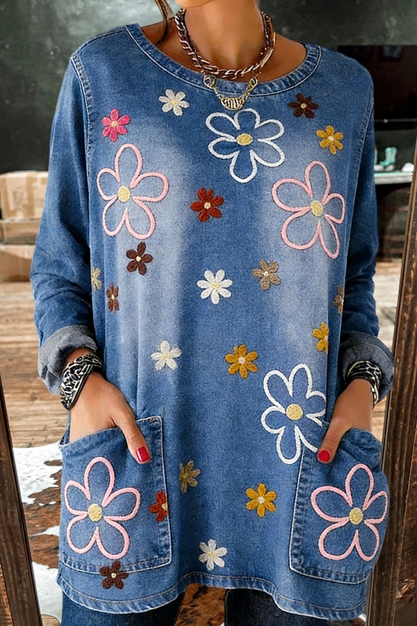 Multicolor Floral Denim Pocket Top