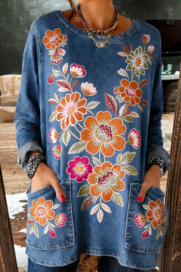 Beautiful Floral Denim Pocket Top