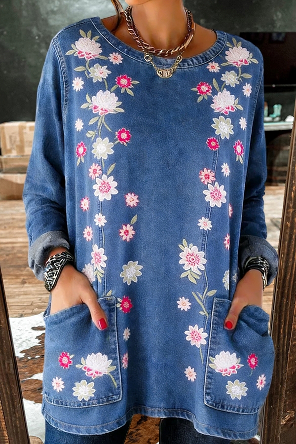 Symmetrical Floral Denim Pocket Top