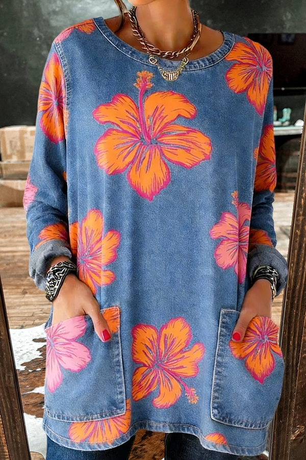 Color Blocked Floral Denim Pocket Top
