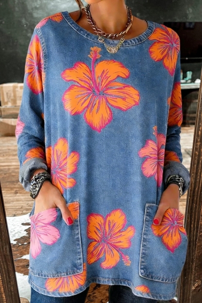 Color Blocked Floral Denim Pocket Top