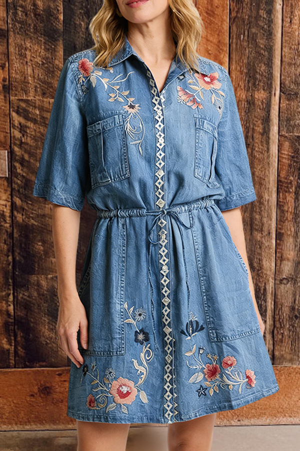 Floral Embroidered Drawstring Denim Mini Dress