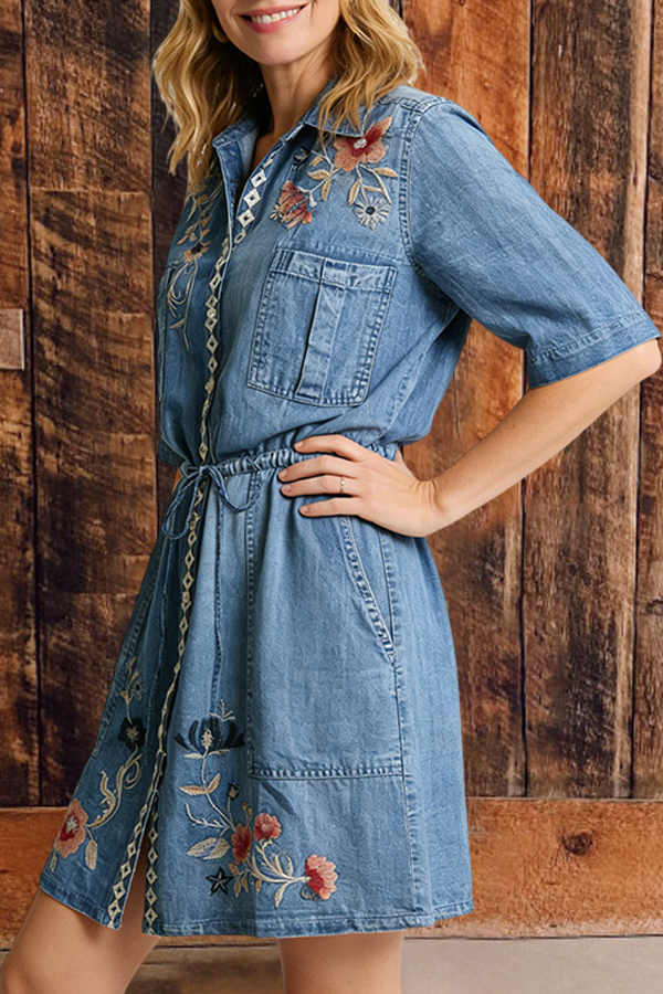 Floral Embroidered Drawstring Denim Mini Dress