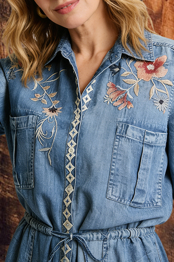 Floral Embroidered Drawstring Denim Mini Dress