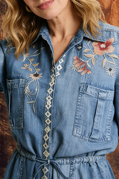 Floral Embroidered Drawstring Denim Mini Dress