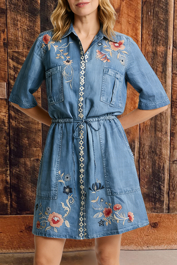 Floral Embroidered Drawstring Denim Mini Dress