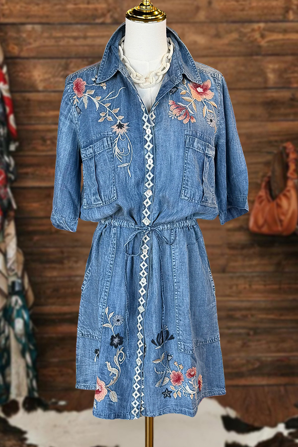 Floral Embroidered Drawstring Denim Mini Dress