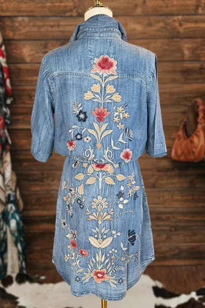 Floral Embroidered Drawstring Denim Mini Dress