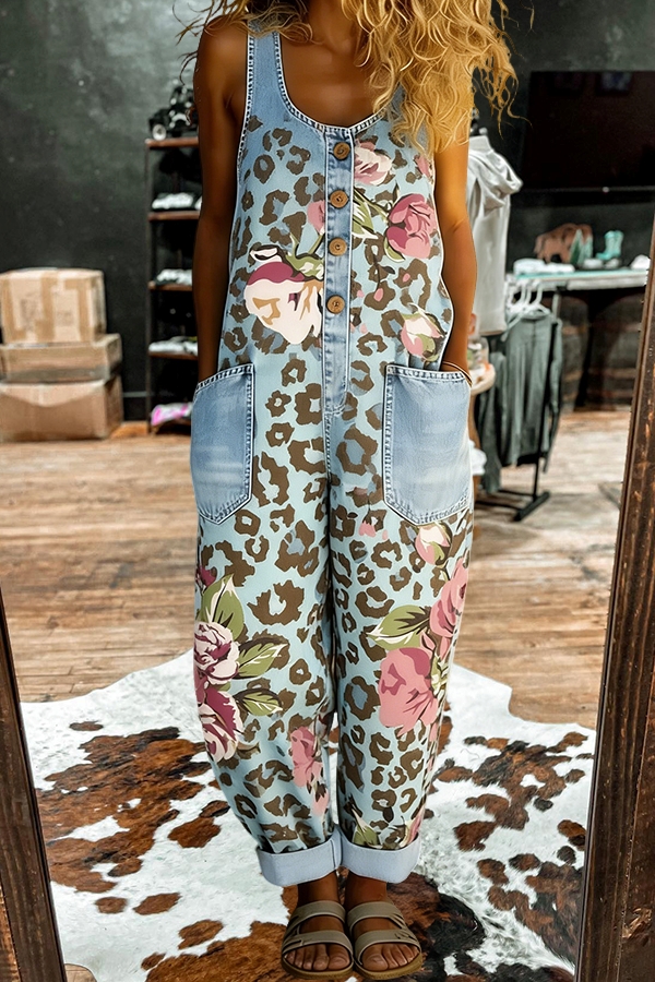 Leopard Print Floral Sleeveless Overalls
